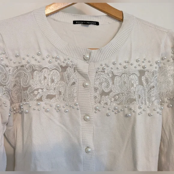 Boston Proper Pearl Embellished Lace Bell Sleeve Ivory Cardigan Sweater Small - Picture 4 of 14